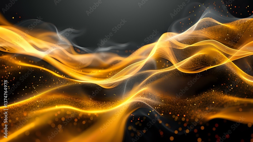 Poster glowing golden waves of light and smoke create dynamic flowing curves against dark background with s