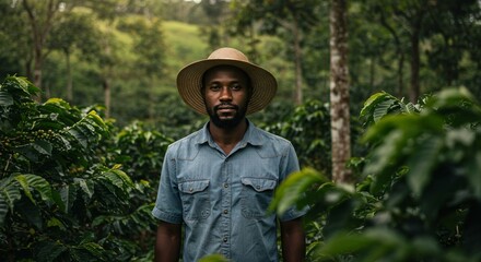 Portrait of a man in a straw hat standing in a field of green plants on a sunny day outdoors