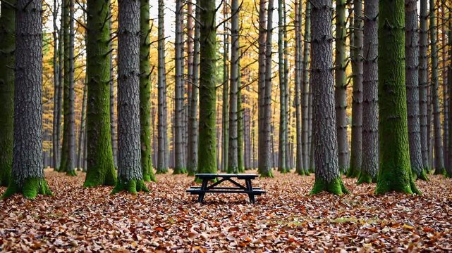 Tranquil picnic table surrounded by autumn trees in peaceful forest  