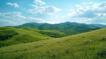 Naklejka premium Rolling green hills and lush meadows stretch into the distance, capped by a brilliant blue sky, with scattered clouds above. 