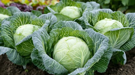 Fresh green cabbage heads growing in vegetable garden, close up view of organic produce with textured leaves in rich soil. Natural farming background.