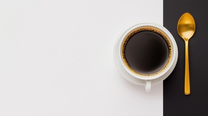 Flat lay of a cup of coffee and a gold spoon on a black and white background. the cup is white with a saucer and is placed on the right side of the image.