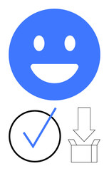 Positive emotions symbolized by blue happy face, approval with a checkmark, action represented by arrow over box. Ideal for feedback, approval, happiness, success, action download delivery. Flat