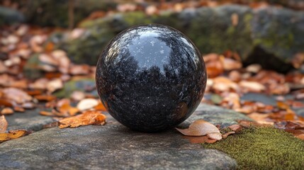  Polished black stone sphere on mossy rock with autumn leaves