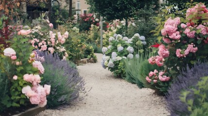 Gravel path meandering through a garden with flowering shrubs and plants – Ideal for nature enthusiasts, gardening blogs, or outdoor décor content.