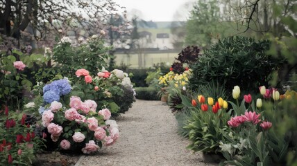 Obraz premium Gravel path through a blooming garden with colorful flowers – Perfect for garden enthusiasts, landscaping promotions, or floral-themed content.
