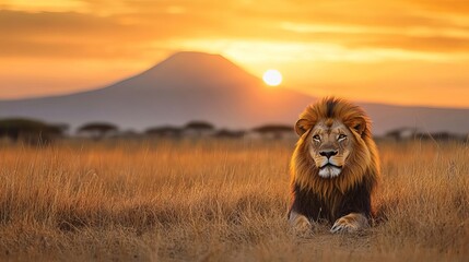 A majestic lion resting in a grassy field with a mountain and sunset in the background at golden hour
