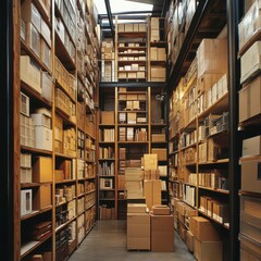 Obraz premium Efficient Storage System with Tall Shelves Filled with Boxes