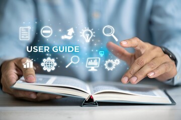 Businessman using laptop with virtual user guide icon for business service. User manual guide, Online instruction manual and strategy advice.