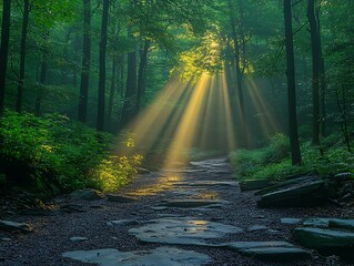 Obraz premium Sunbeams Forest Path Trail.