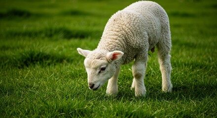Obraz premium Young lamb grazing in lush green field 