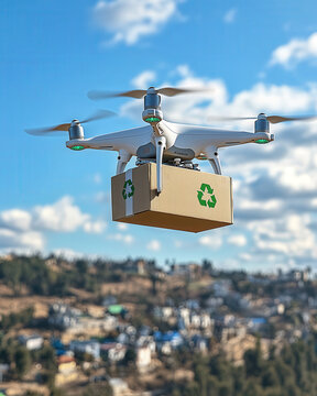Aerial quadcopter drone carrying large stack cardboard boxes. Urban technology, commerce concept Concept modern technology and commerce delivery. Place text, banner, copy space.
