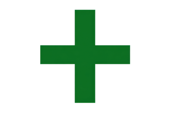 A green plus sign with a gray border on a black background in a simple graphic illustration