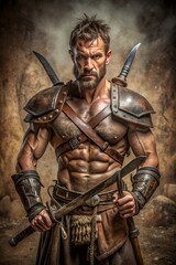 Obraz premium Battle-Hardened Warrior with Scimitars