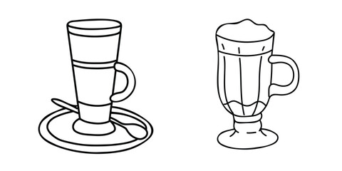 Latte, Irish or Iced Coffee cocktail cups set. Hand drawn Vector Doodle illustration isolated on a white background. Black and white Sketch. Ideal for beverage branding, cafe menu and graphic design