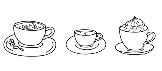 Obraz premium Coffee Cups Set. Cappuccino, Americano or Espresso, with whipped Cream. Cozy Black and white Sketch illustration in Doodle style. Ideal for beverage branding, cafe menu and graphic design projects.
