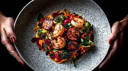   A person carrying a tray of food featuring shrimp, broccoli, and carrots