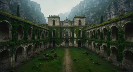Obraz premium Exploring Old Abandoned Monastery Ruins Covered in Green Ivy with Mountains