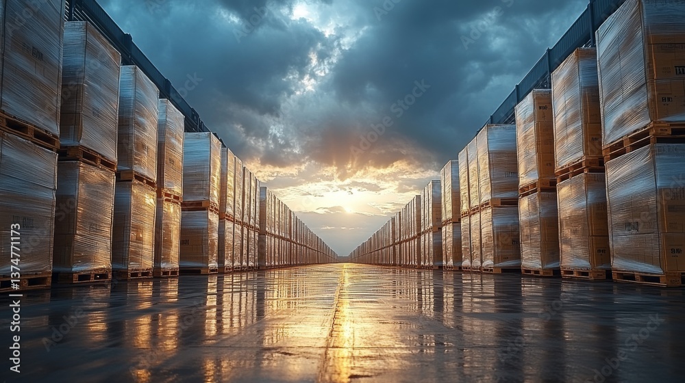 Poster in a spacious warehouse, neatly stacked pallets of cargo stretch towards the horizon. the floor refl