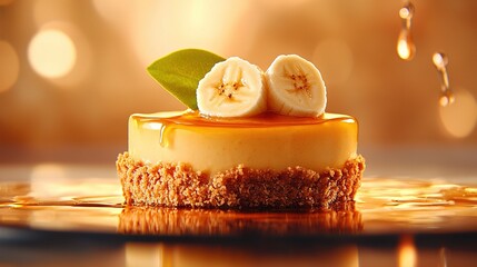   A delicious cheesecake topped with sweet banana slices and a fresh green leaf