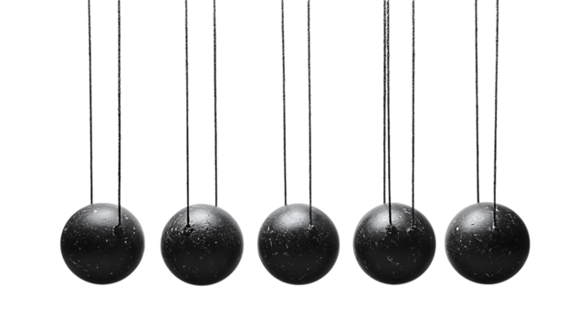 Black and white artistic collage of Newton's cradle, isolated on a transparent background.