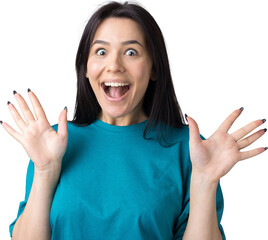 Young beautiful woman with facial expression of surprise standing over gray background.