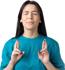 Portrait of wishful young woman crossing her fingers and hopes for luck.
