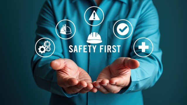Safety first concept, work safety, caution work hazards, danger surveillance and zero accident. Person holding safety first symbols on virtual screen.
