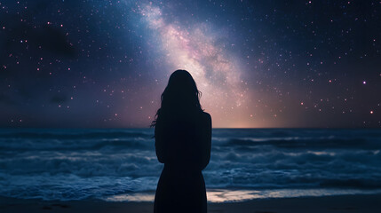 A woman standing on the beach at night gazing at the Milky Way.