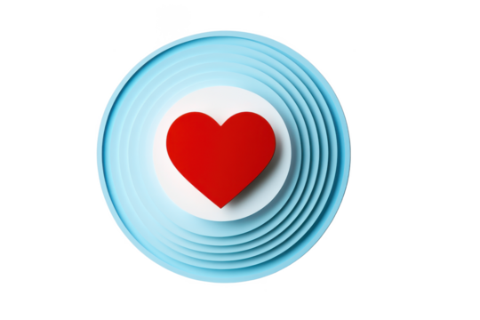 A red heart on white circle surrounded by light blue concentric circles on a black background - Powered by Adobe