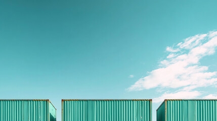Teal shipping containers against a bright blue sky with clouds, showcasing a minimalist and industrial aesthetic, ideal for shipping, logistics, or transportation concepts