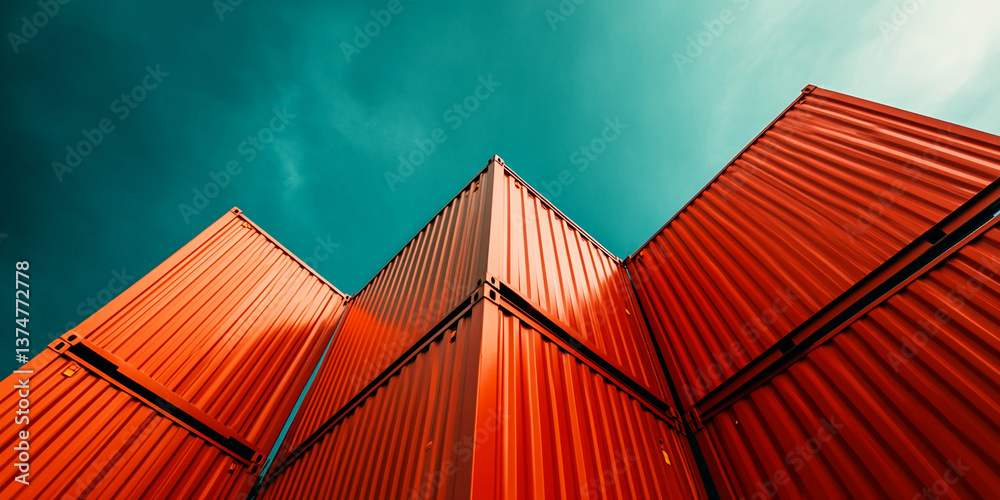 Poster low-angle view of red shipping containers against a teal sky, creating a strong geometric compositio