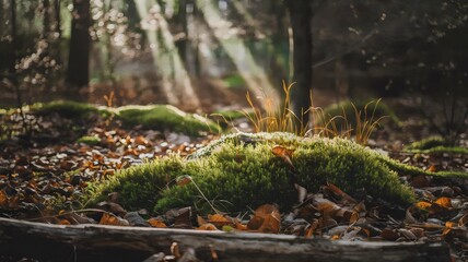 Fototapeta premium Sunlit forest floor with vibrant green moss and fallen leaves – Ideal for nature documentaries, seasonal photography, or ecosystem studies.
