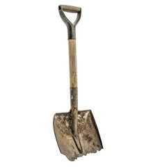 a close-up shot of a shovel shows signs of usage with dirt covering the metal blade and wooden handle