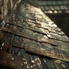 Close-up of wet, dark roof tiles glistening with scattered light, showcasing texture and weather impact in a rustic setting.