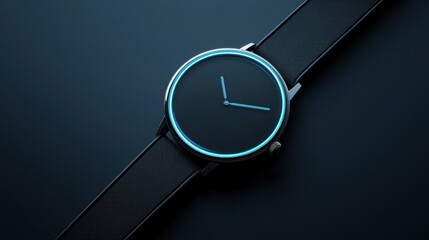 Close-up of a wristwatch with a black strap. the watch face is round and has a blue hour hand and minute hand. the hour hand is pointing to the right, indicating that the watch is in motion.
