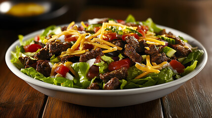 A zesty taco salad with seasoned beef shredded lettuce and cheddar cheese.