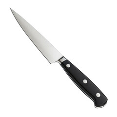 A sharp paring knife with a sleek black handle, poised for precise kitchen tasks against a clean white background.