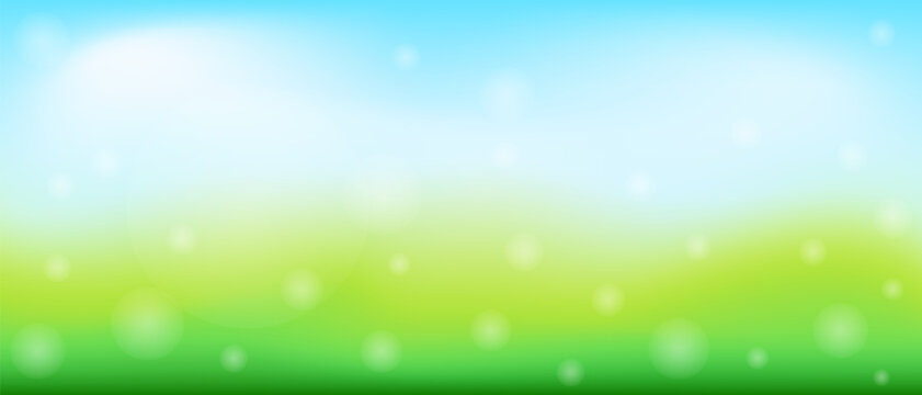 Abstract landscape banner mesh. Spring or summer. Background with blue sky, clouds, green field, white fuff. Design for web banner, cover, certificate. Cute vector illustration.