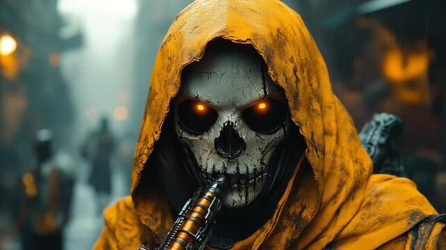 Hooded Grim Reaper with Glowing Orange Eyes Playing a Futuristic Metal Flute in a Rainy Cyberpunk Cityscape