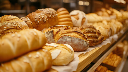 A bakery section in a supermarket filled with freshly baked bread and pastries.