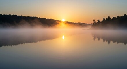 Fototapeta premium Tranquil lake at sunrise reflecting misty fog and trees 