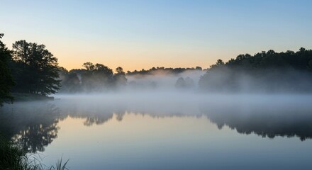 Fototapeta premium Misty lake at dawn reflecting serene landscape 