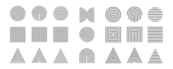 Minimalist geometric line art with circles, squares, and triangles in abstract vector set. Modern boho aesthetic inspired by Bauhaus, Memphis, and Swiss graphic style
