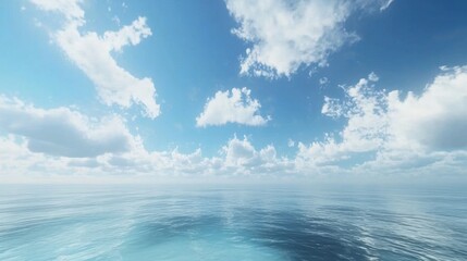Fototapeta premium A serene expanse of turquoise sea meets a sky filled with fluffy white clouds, creating a tranquil and peaceful aquatic scene.
