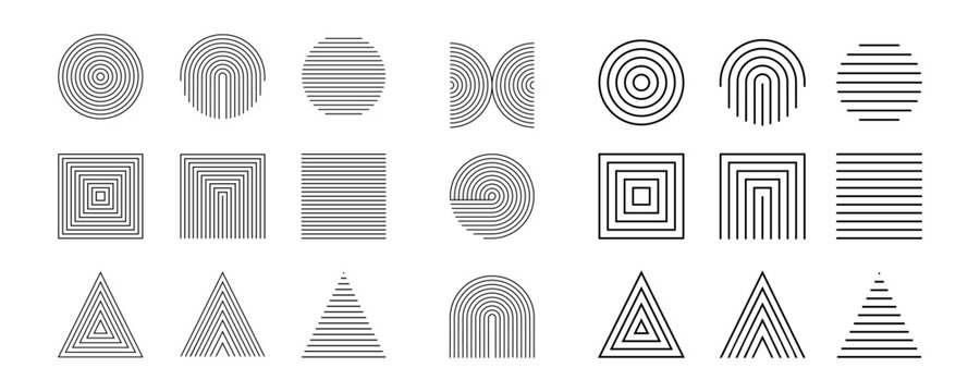 Minimalist geometric line art with circles, squares, and triangles in abstract vector set. Modern boho aesthetic inspired by Bauhaus, Memphis, and Swiss graphic style