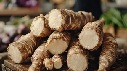 fresh taro roots (Colocasia esculenta) at a local market, symbolizing nourishment, tradition, and agriculture. The taro represents cultural significance and healthy eating