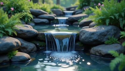 Serene cascading water feature in lush garden, promoting relaxation