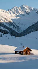 Fototapeta premium Cozy wooden cabin in snowy mountains under blue sky 