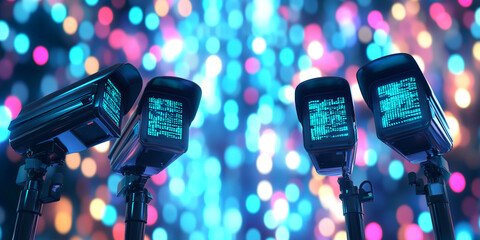Four security cameras against a bokeh background of colorful lights, showcasing modern surveillance technology and potential for data collection or city monitoring